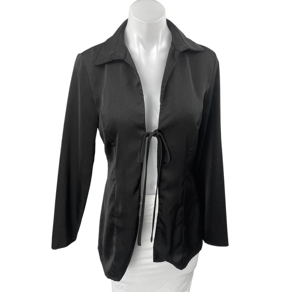 Princess Polly Women's Black Long Sleeve Collared Tie Front Blazer Shirt Top 8